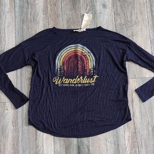 Hem & Thread Wanderlust Navy Rainbow Graphic Long Sleeve Tee Size Small